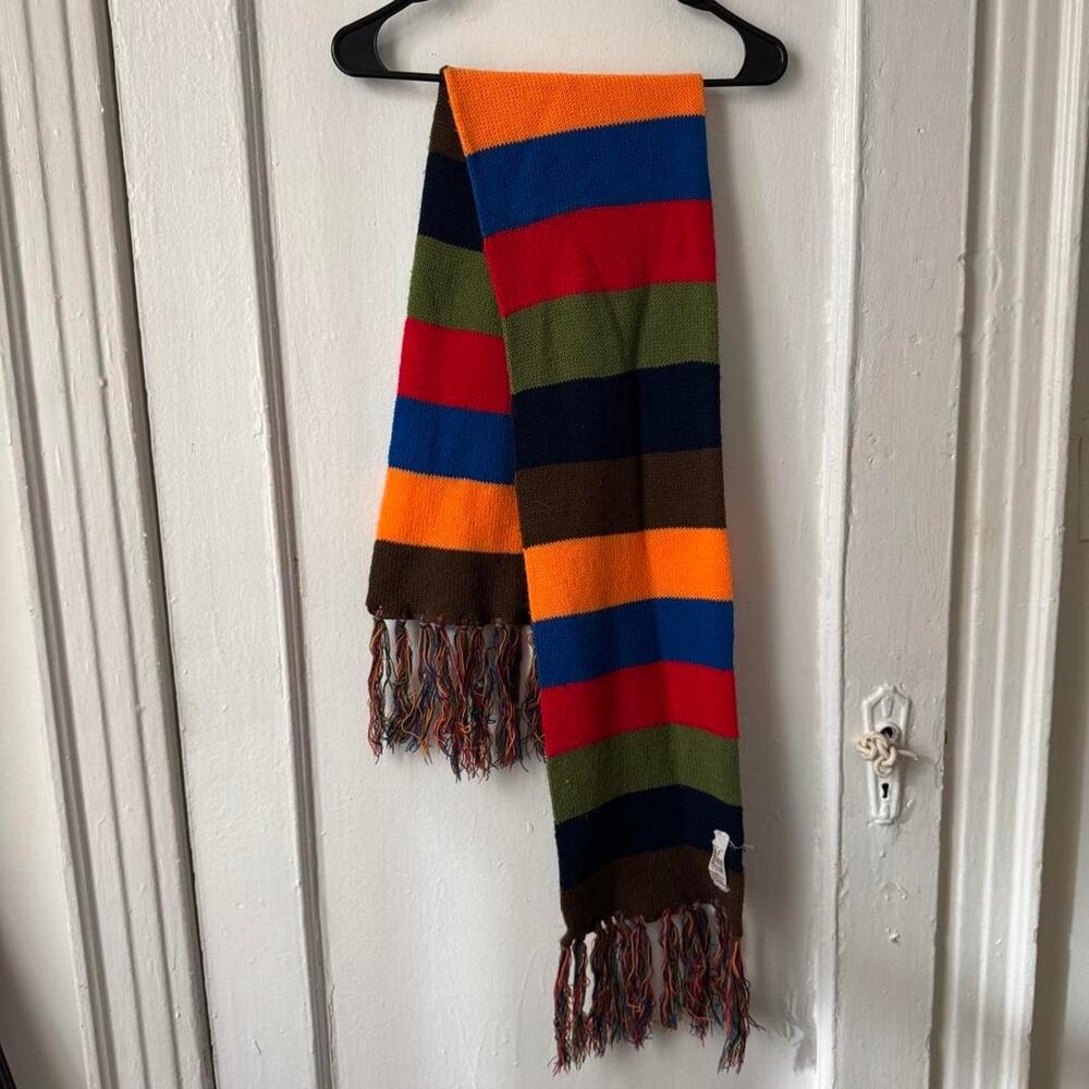 Cozy Vintage‎ 1970s multicolor knit scarf by Six Footer classic rainbow unisex